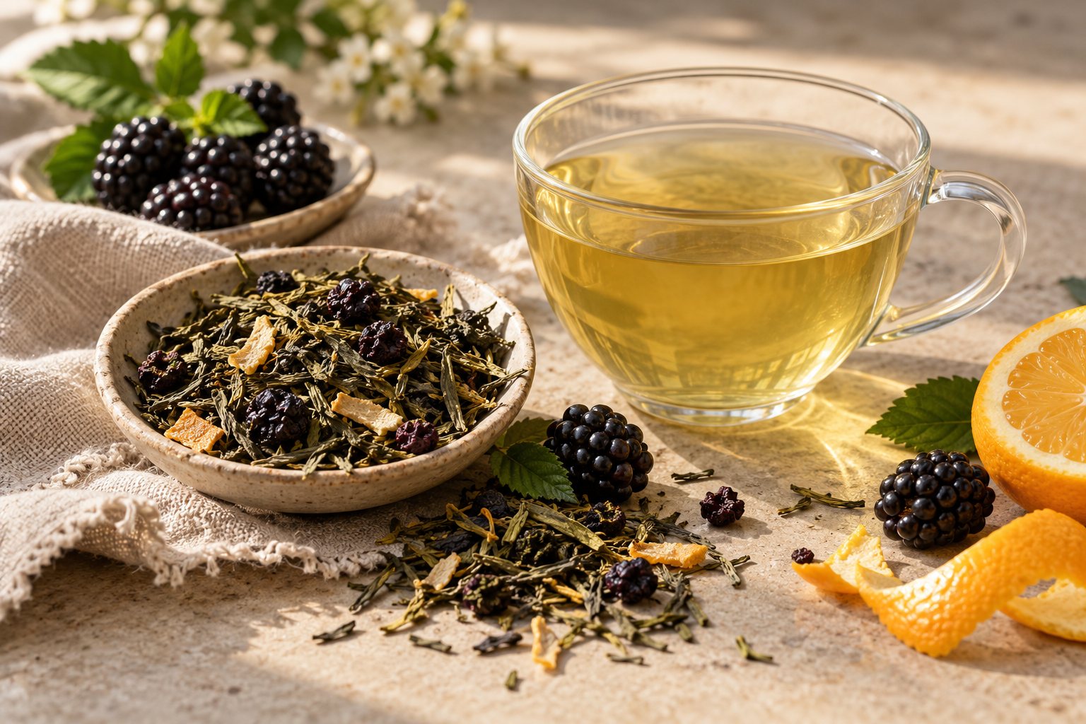 Loose green tea with blackberries and citrus beside a cup of tea